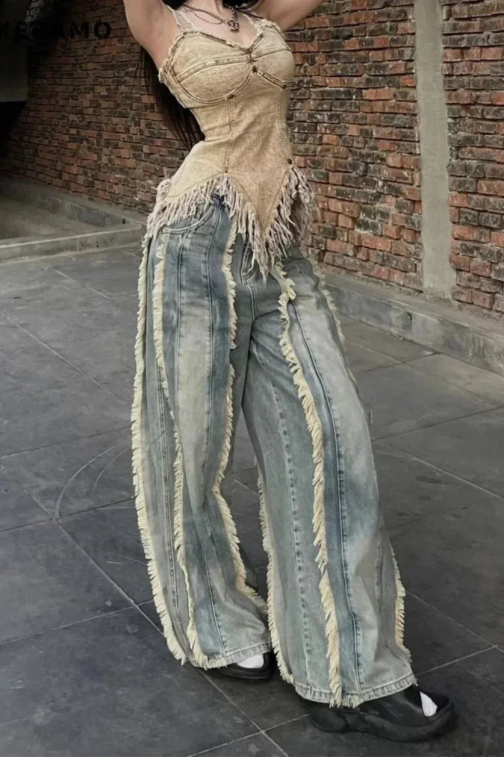Washed Baggy Vintage Tassel Jeans Blue / S