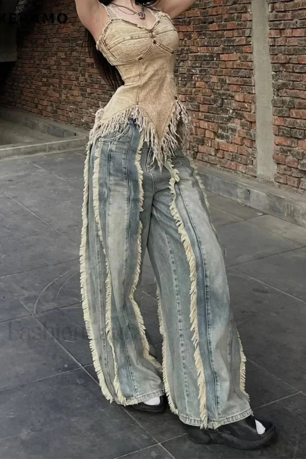 Washed Baggy Vintage Tassel Jeans Blue / S