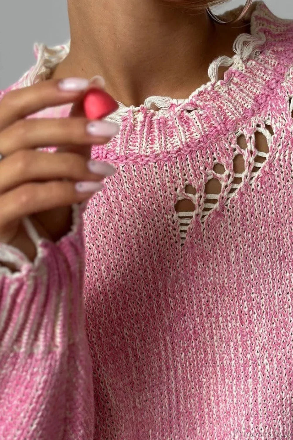 Washed Crew Neck Distressed Mid-Length Sweater