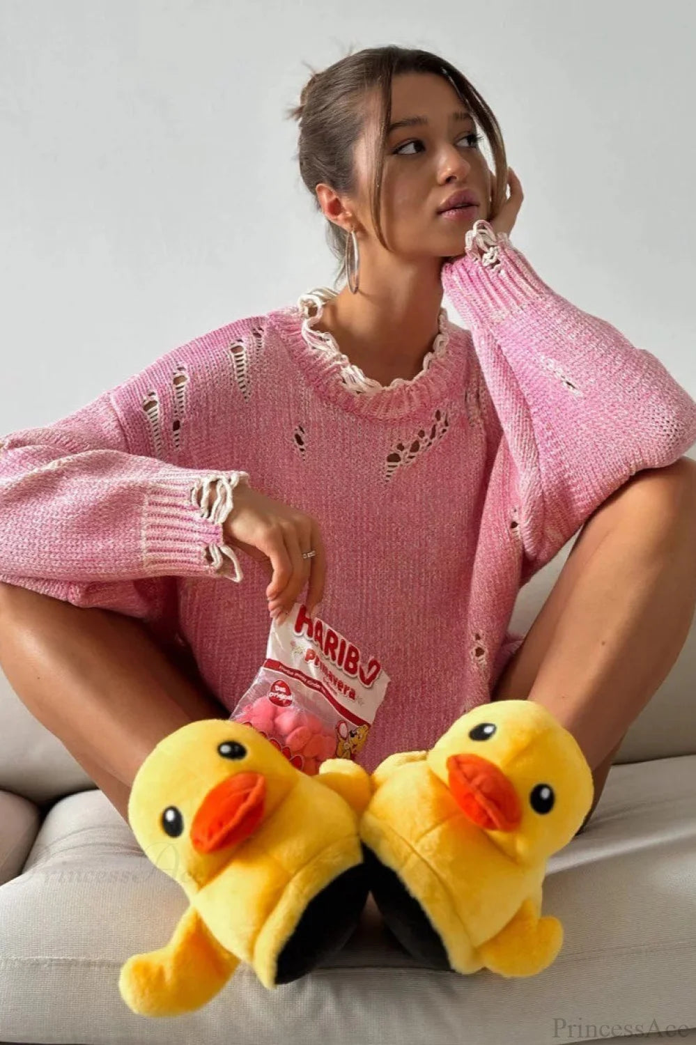 Washed Crew Neck Distressed Mid-Length Sweater