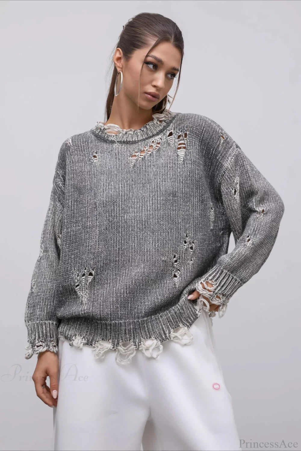 Washed Crew Neck Distressed Mid-Length Sweater Grey / S