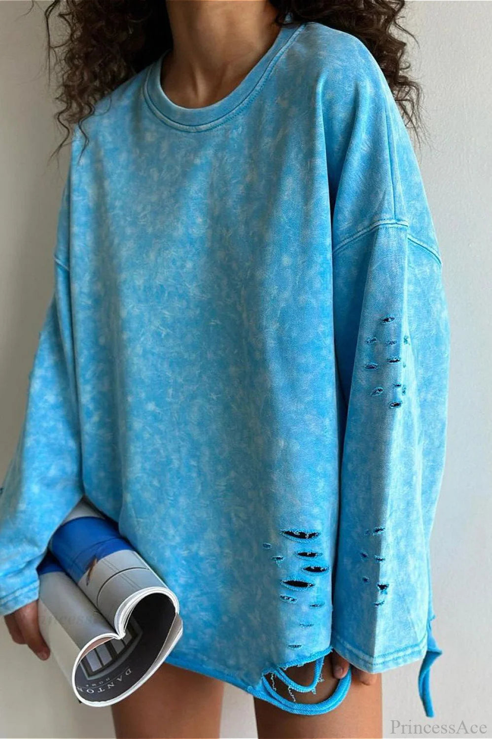 Washed Distressed Speckled Crew Neck Long Sleeve Tee