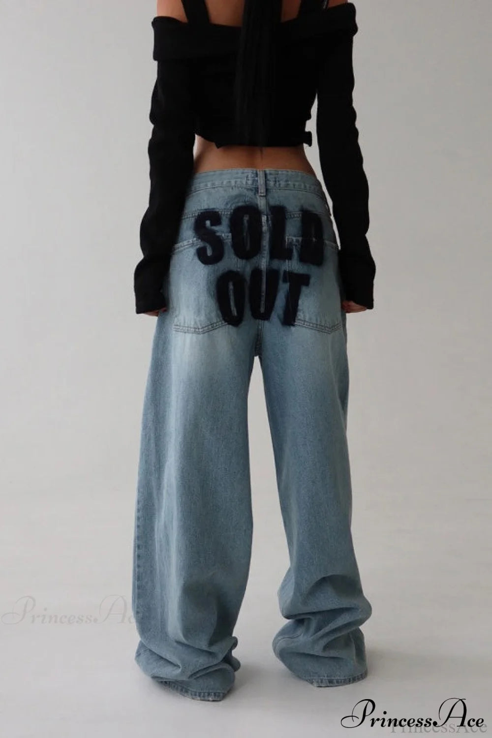 ：Washed Letter Print Distressed Relaxed Straight Jeans Blue / S