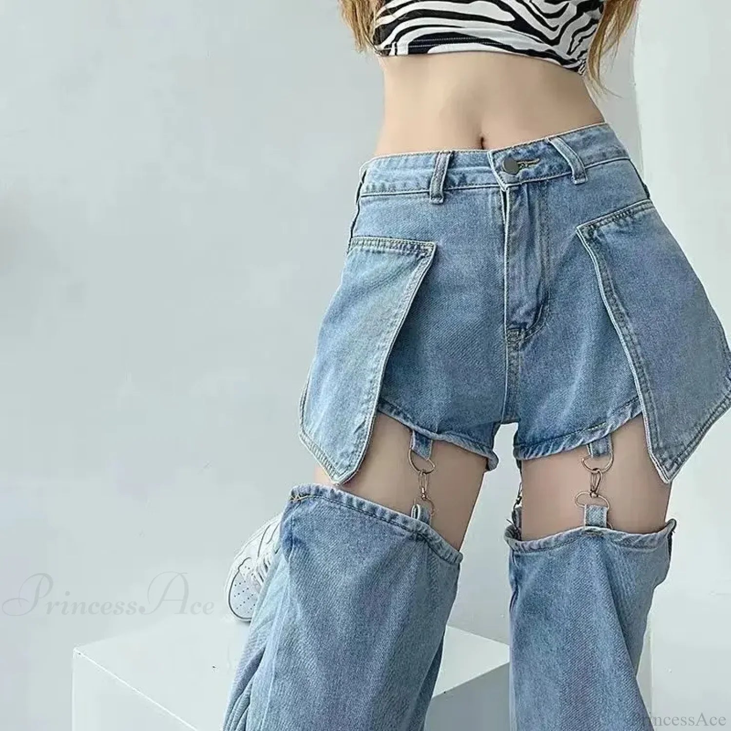 Washed Zipper Fake Ripped Denim Pants Blue / S
