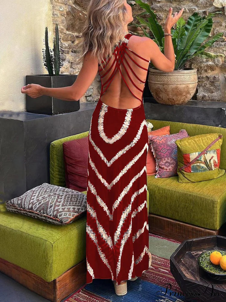Wave Print Tie Charming Back Stretch Maxi Dress Dresses