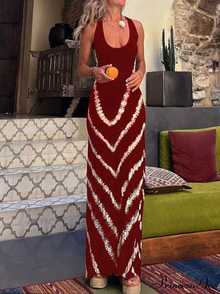Wave Print Tie Charming Back Stretch Maxi Dress Wine Red / S Dresses