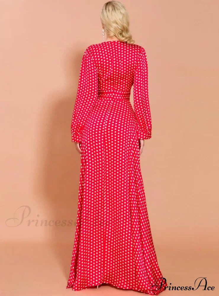 Wave Print V-Neck Split Long Sleeve Dress L / Orange Dresses