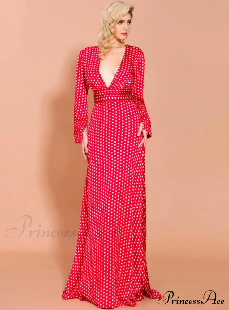Wave Print V-Neck Split Long Sleeve Dress M / Orange Dresses