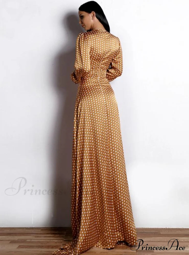 Wave Print V-Neck Split Long Sleeve Dress S / Orange Dresses