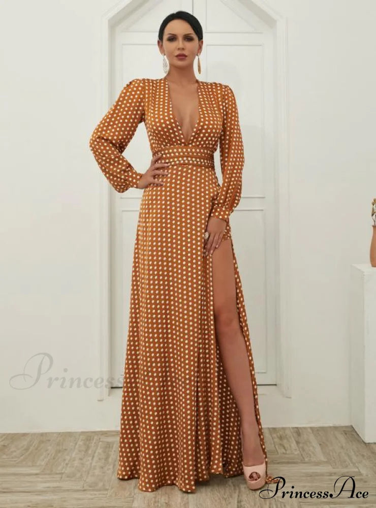 Wave Print V-Neck Split Long Sleeve Dress Xs / Orange Dresses