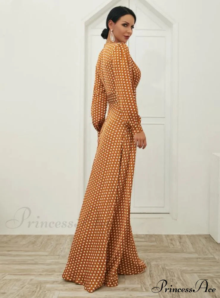 Wave Print V-Neck Split Long Sleeve Dress Xs / Red Dresses