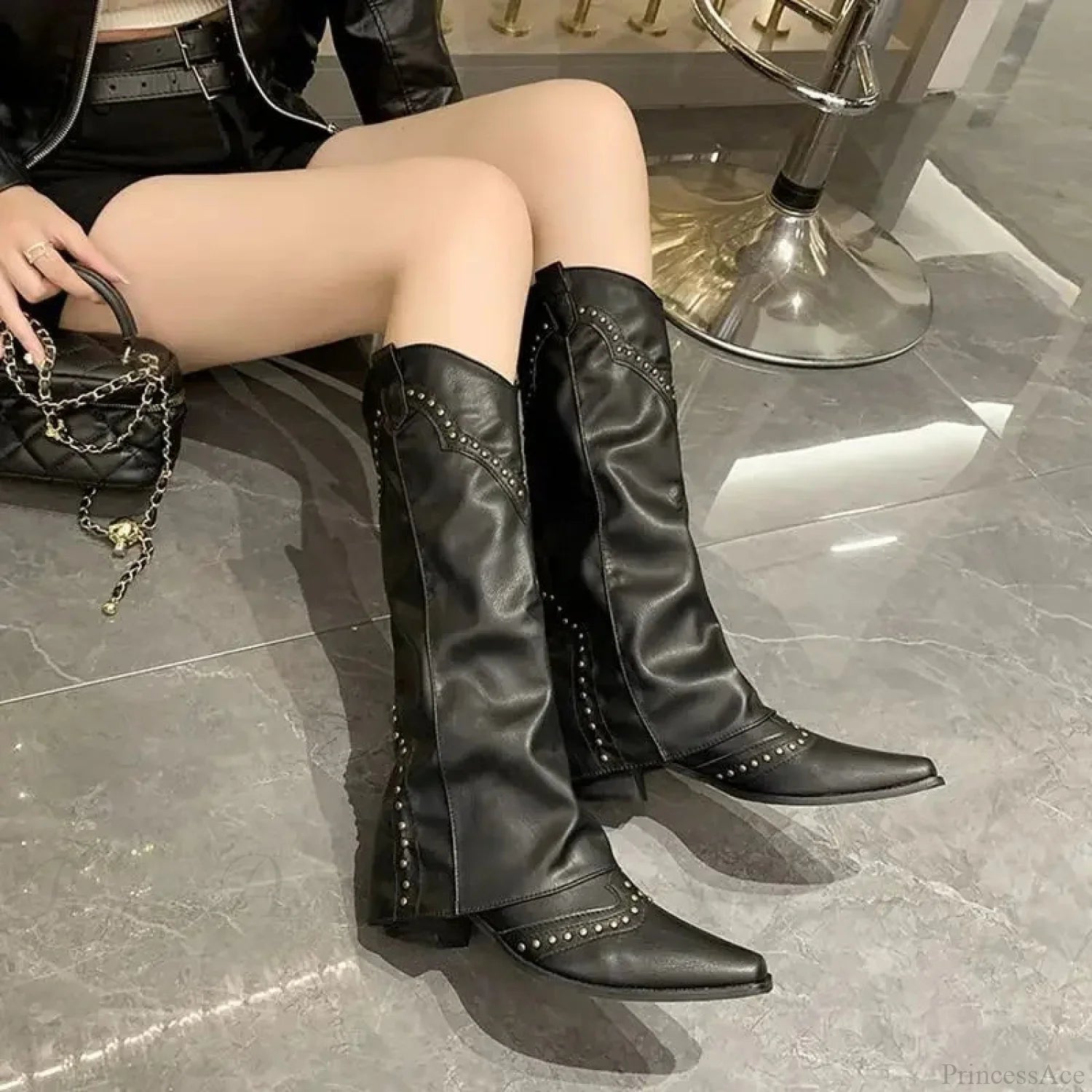 Western Cowboy Long Tube Punk Boot Black / 35