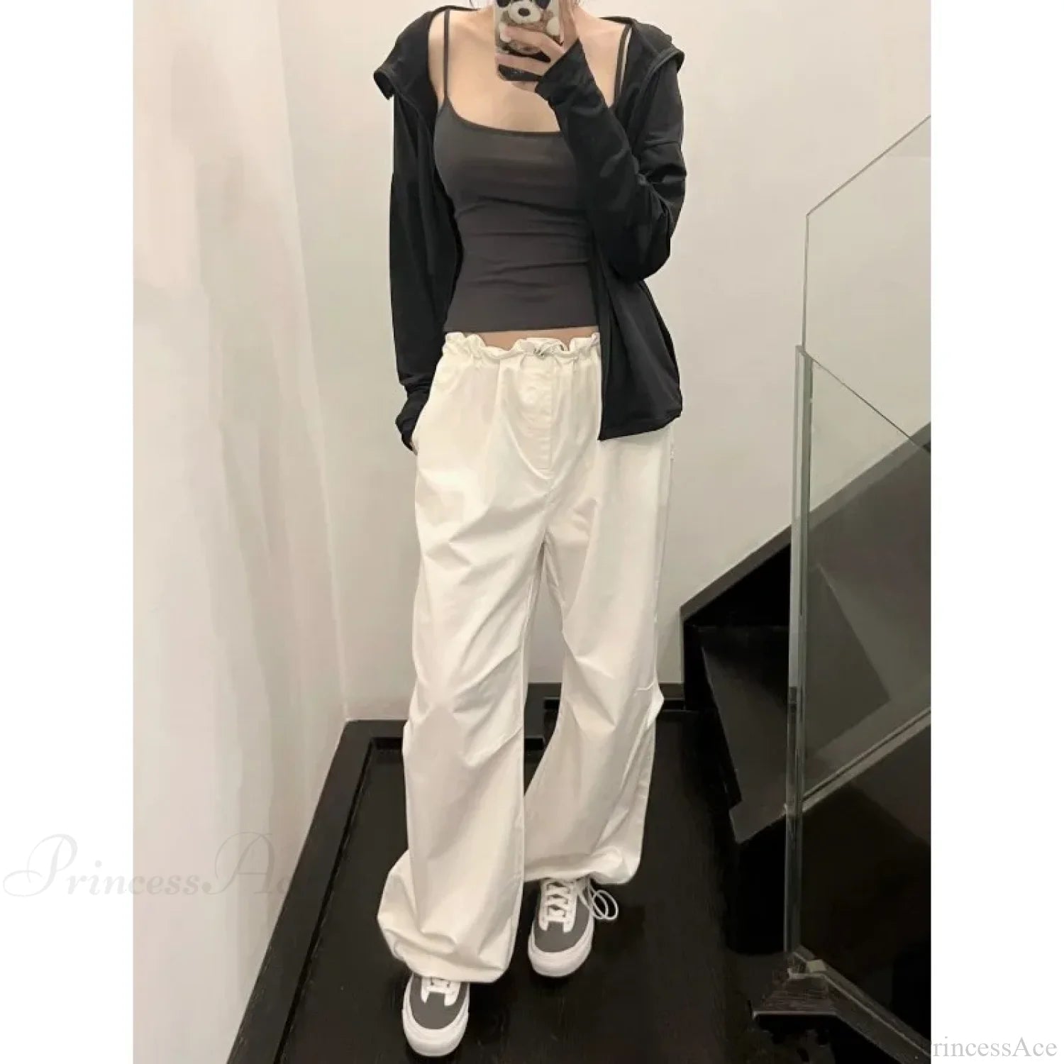 White Casual Elastic Pants
