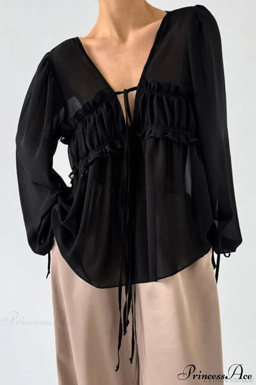 White Chiffon Ruffled Tie V Neck Blouse Black / S