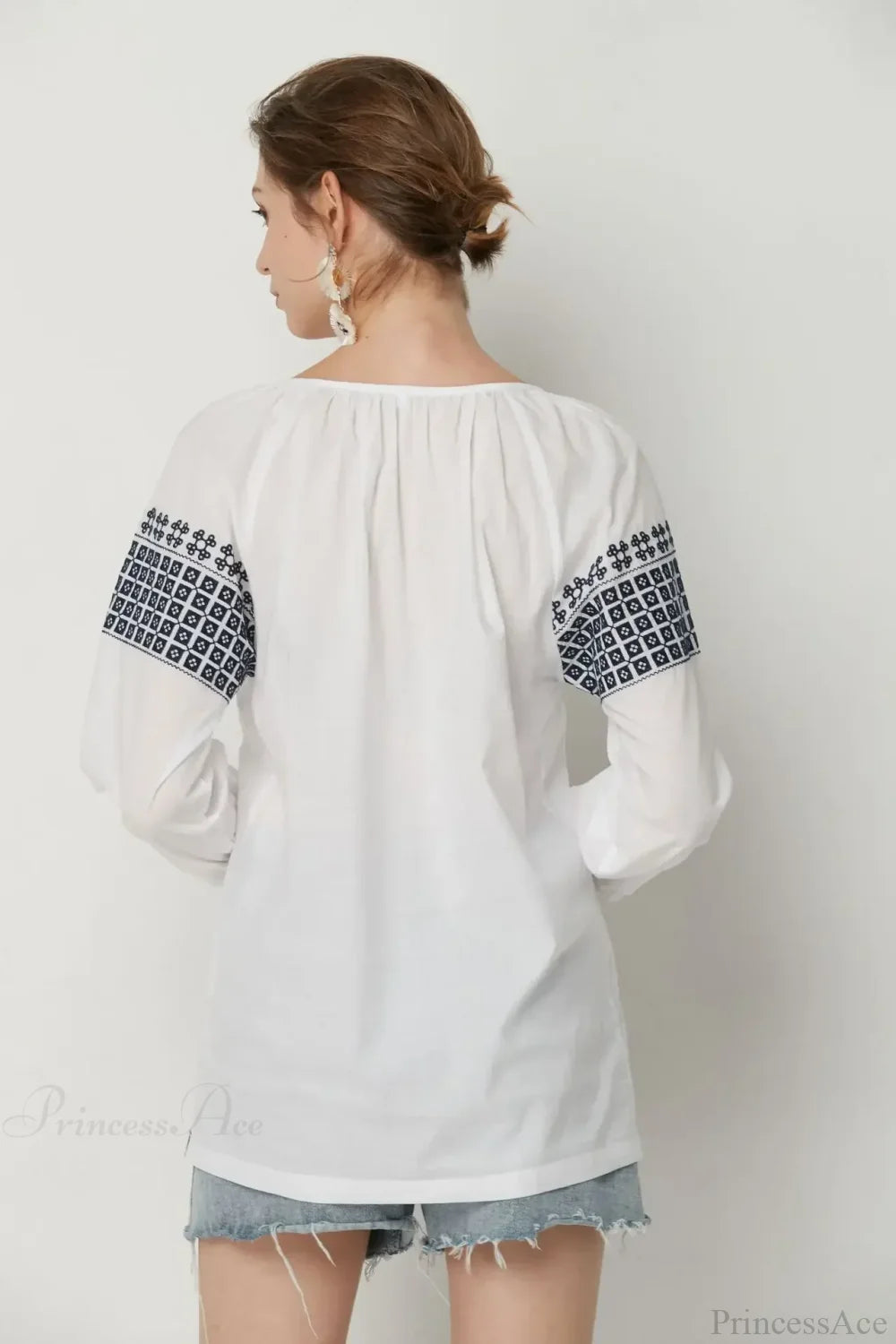 White Cotton Embroidery V-Neck Loose Pullover Boho Blouse bohoblouse-250126