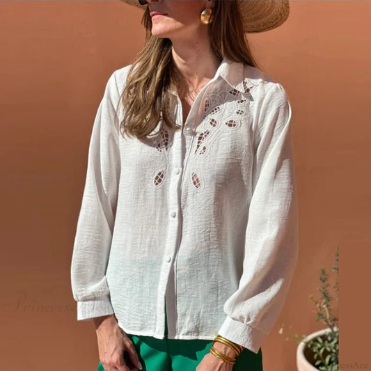 White Cotton Linen Lace Floral Embroidery Boho Blouse bohoblouse-250126