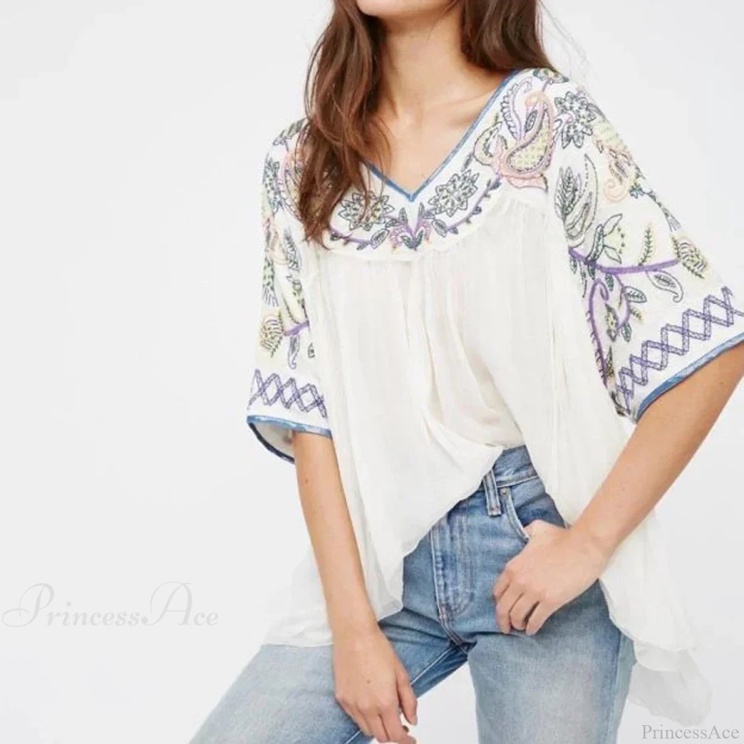 White Cotton Rayon Beaded Floral Embroidered Boho Blouse bohoblouse-250126