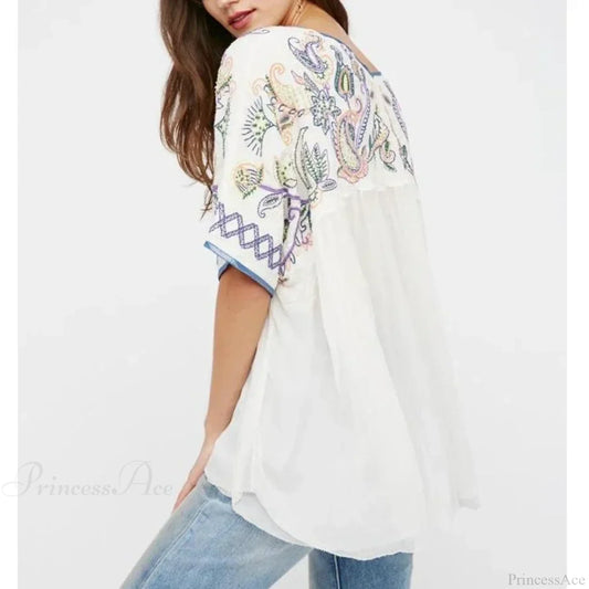White Cotton Rayon Beaded Floral Embroidered Boho Blouse bohoblouse-250126