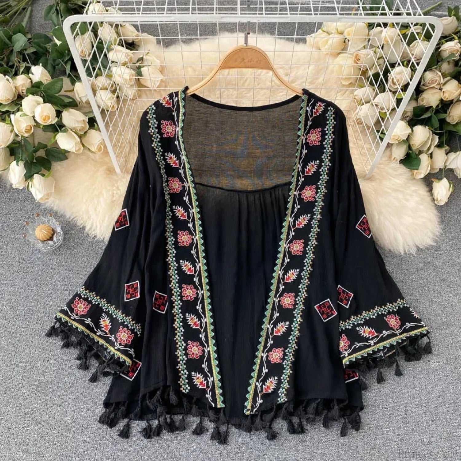 White Cotton Rayon Floral Embroidery Beach Cover up Black / One Size bohocoverup-250126