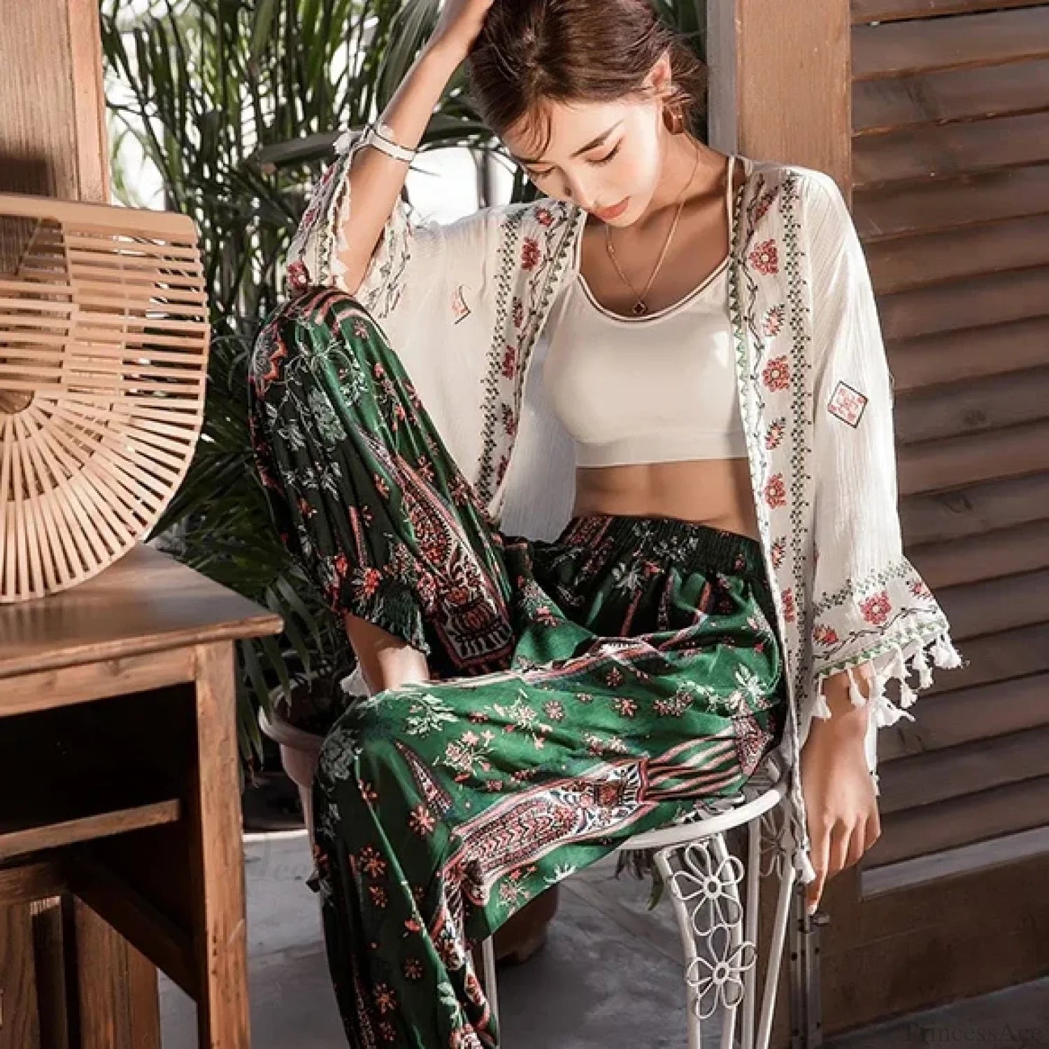 White Cotton Rayon Floral Embroidery Beach Cover up bohocoverup-250126