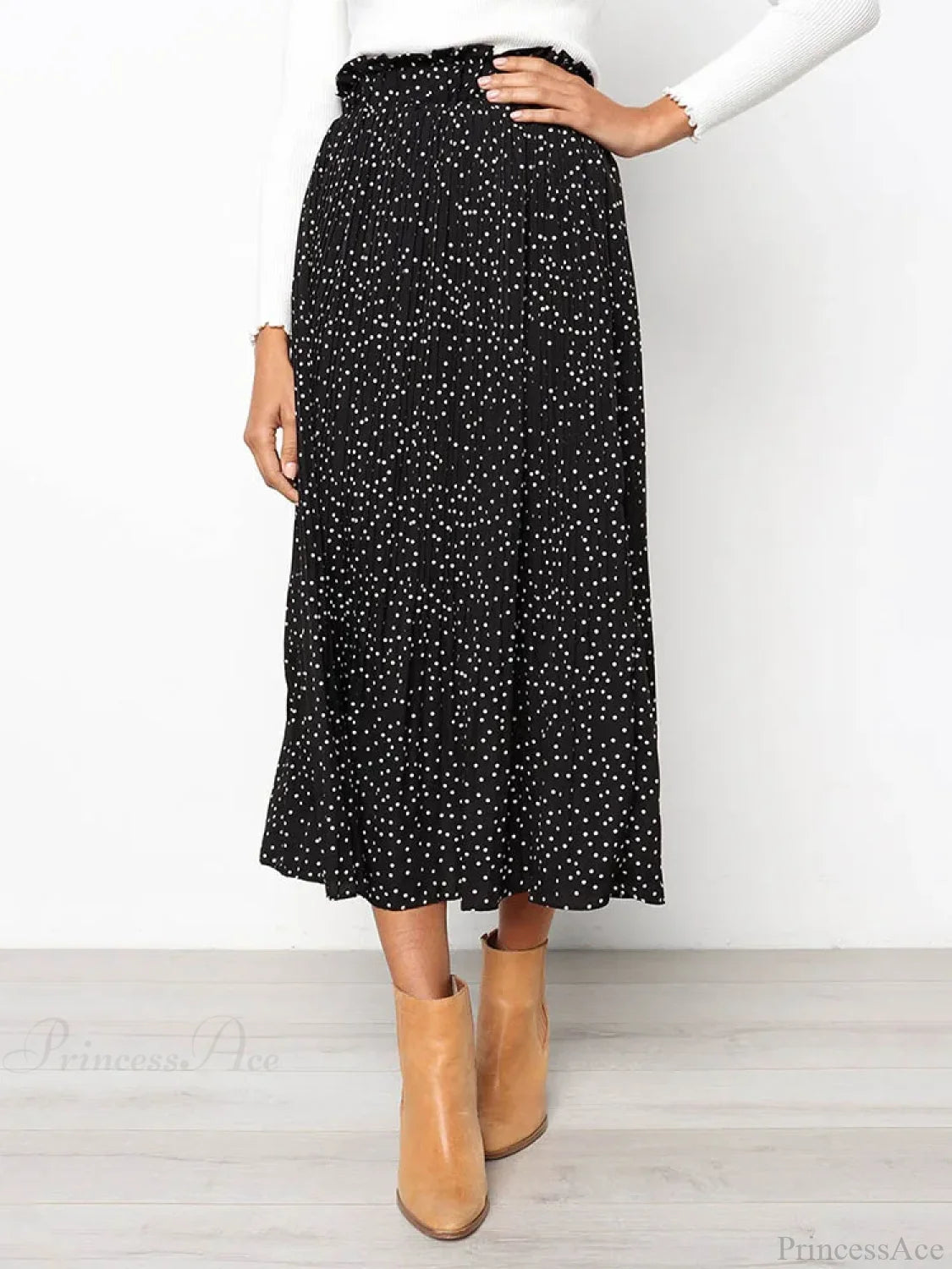 White Dots Floral Print Pleated Midi Skirt with Pockets skirt-250126