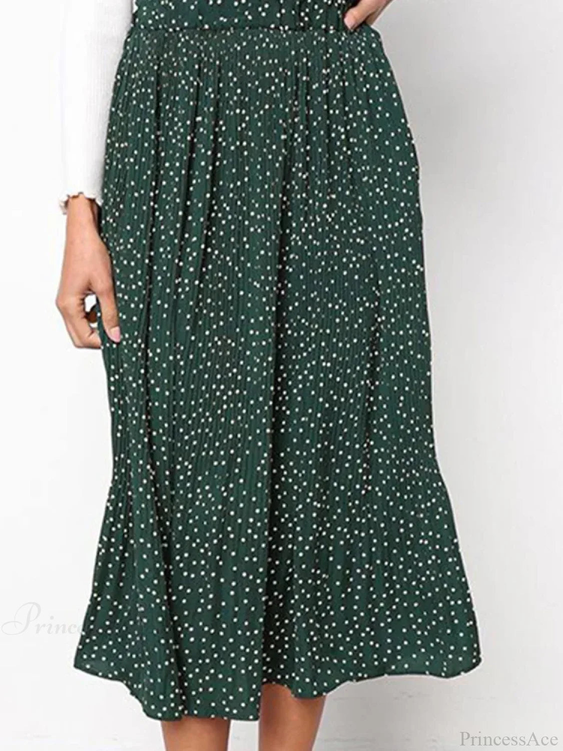White Dots Floral Print Pleated Midi Skirt with Pockets skirt-250126