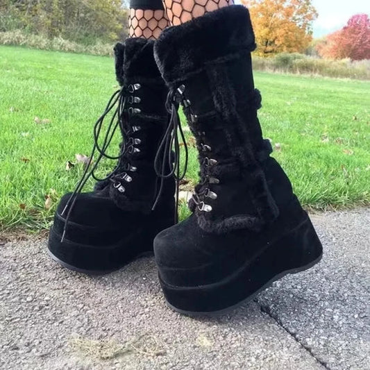 White Hairy Tall Platform Chunky Heel Gothic Winter Boot Black / 35