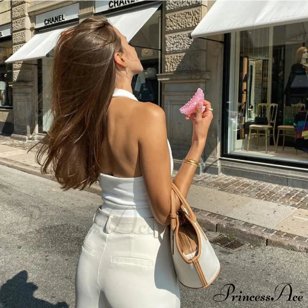 White Halter Backless For Women Streetwear 2024 Sleeveless Ribbed Knit Vest Cropped Feminino Tank