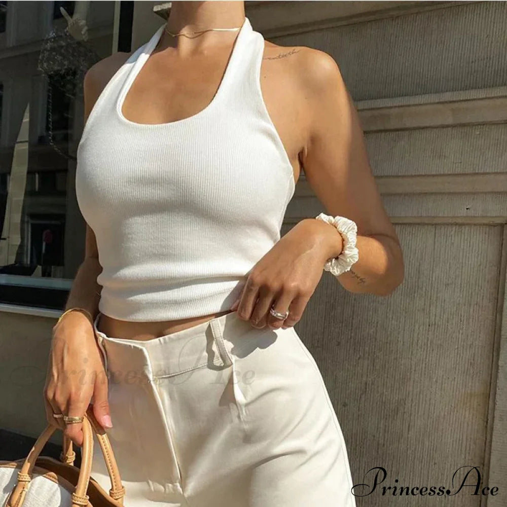 White Halter Backless For Women Streetwear 2024 Sleeveless Ribbed Knit Vest Cropped Feminino Tank