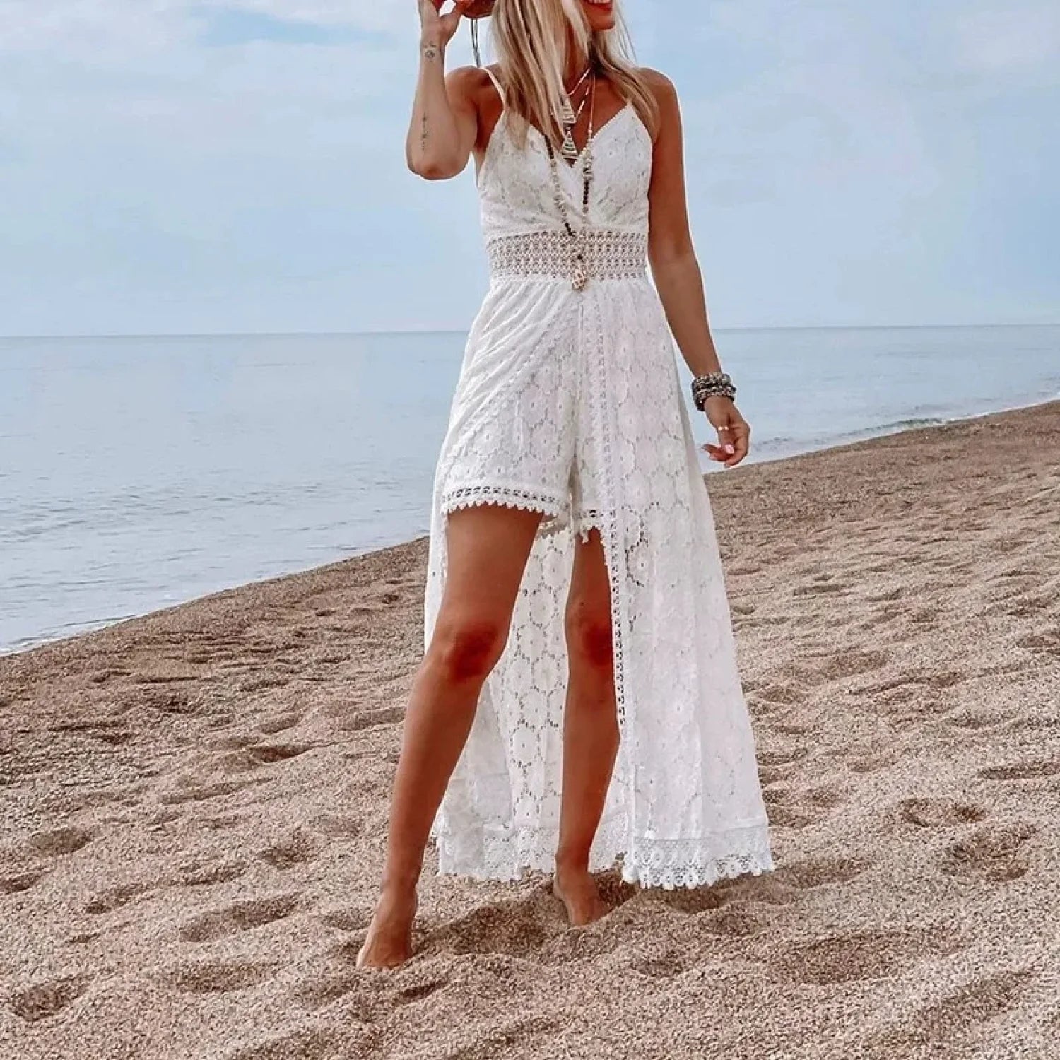 White Hollow Out Lace Strapless Sexy Split Midi Boho Dress bohodress-250126