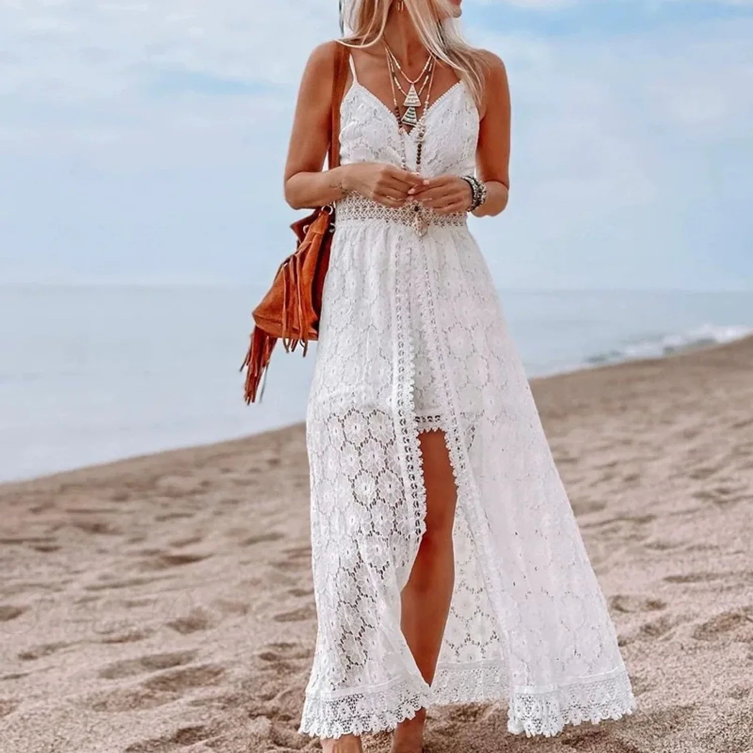 White Hollow Out Lace Strapless Sexy Split Midi Boho Dress White / XS bohodress-250126