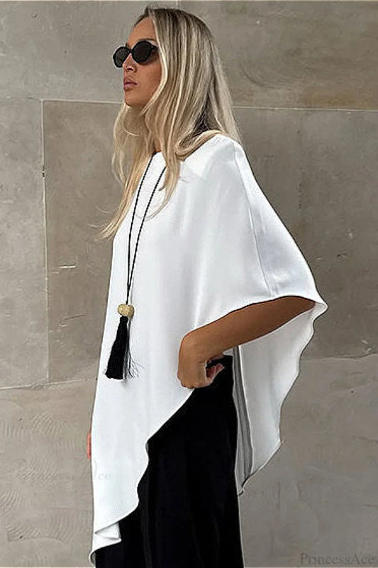 White Irregular Round Neck Short Sleeve Blouse