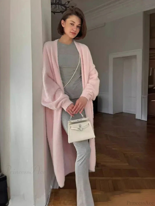 White Knitted Belted Fashion Cardigan Pink / S