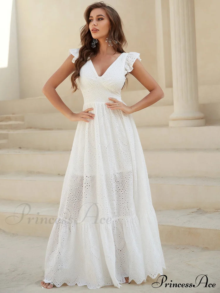 White Lace Dress With Backless Flounce Hem Lace Maxi Wedding Dress