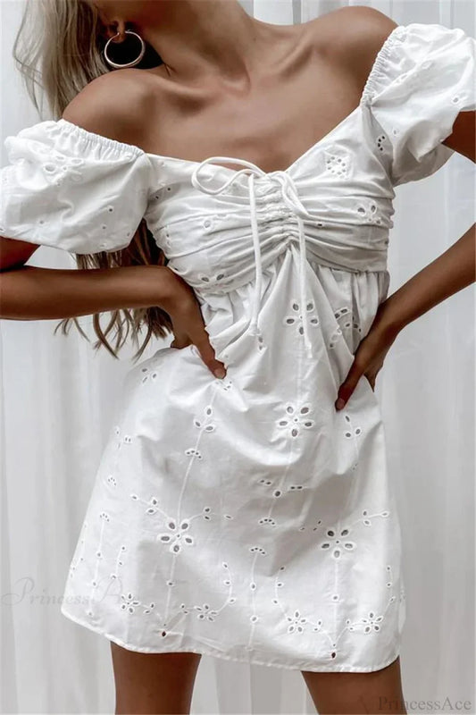 White Lace Embroidery V-neck Cotton Wrist Mini Boho Dress White / S bohodress-250126