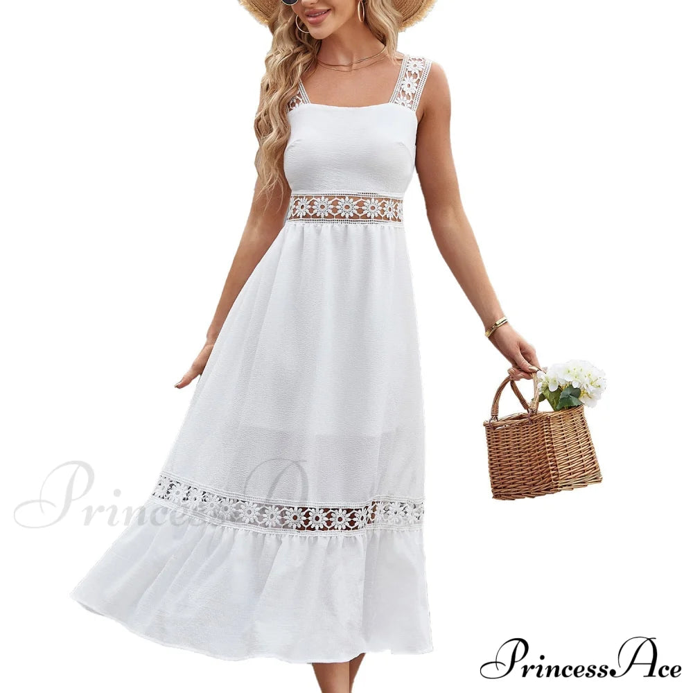 White Lace Insert Ruffle Hem Dress M / White Lace Maxi Party Dress