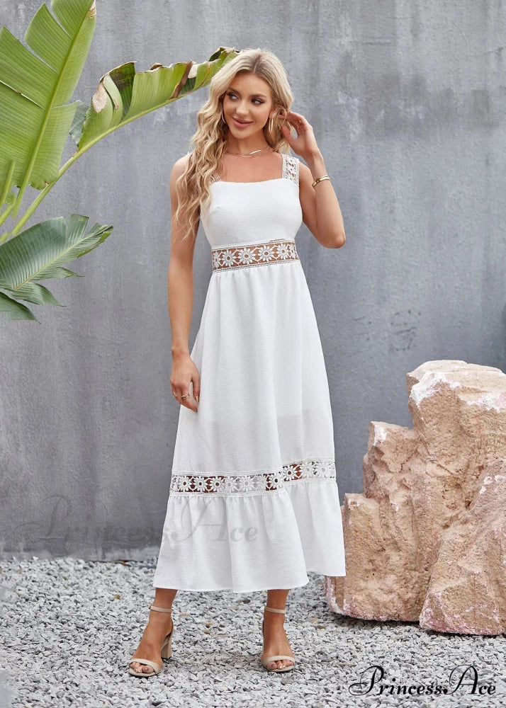 White Lace Insert Ruffle Hem Dress S / Black White Lace Maxi Party Dress