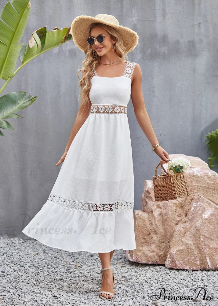 White Lace Insert Ruffle Hem Dress S / White Lace Maxi Party Dress