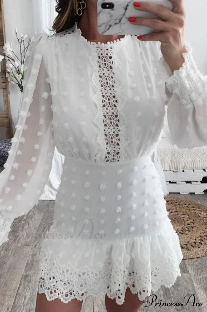 White Lace Short Dress With Long Puff Sleeves For Women Dresses