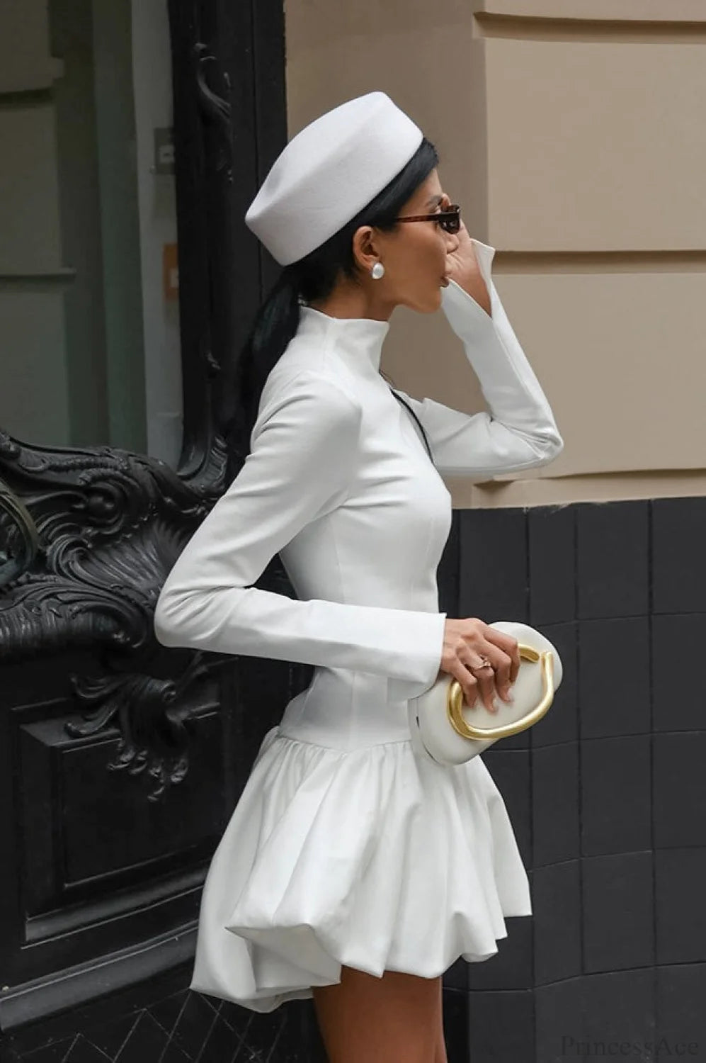 White Long Sleeve Bubble Hem Mini Dress