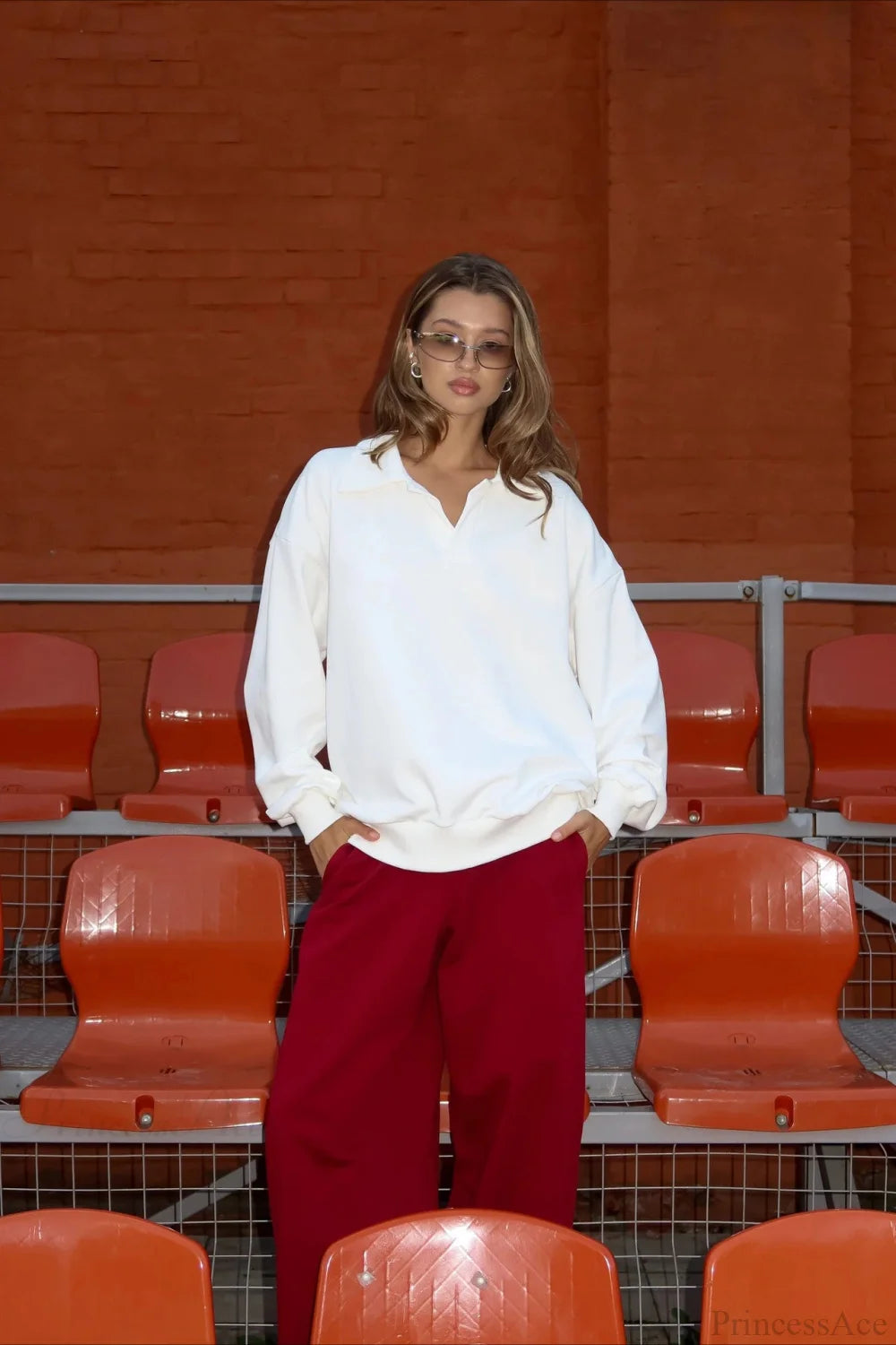 White Loose Top Elastic Red Pants Two Piece Set