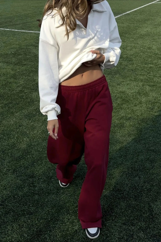 White Loose Top Elastic Red Pants Two Piece Set