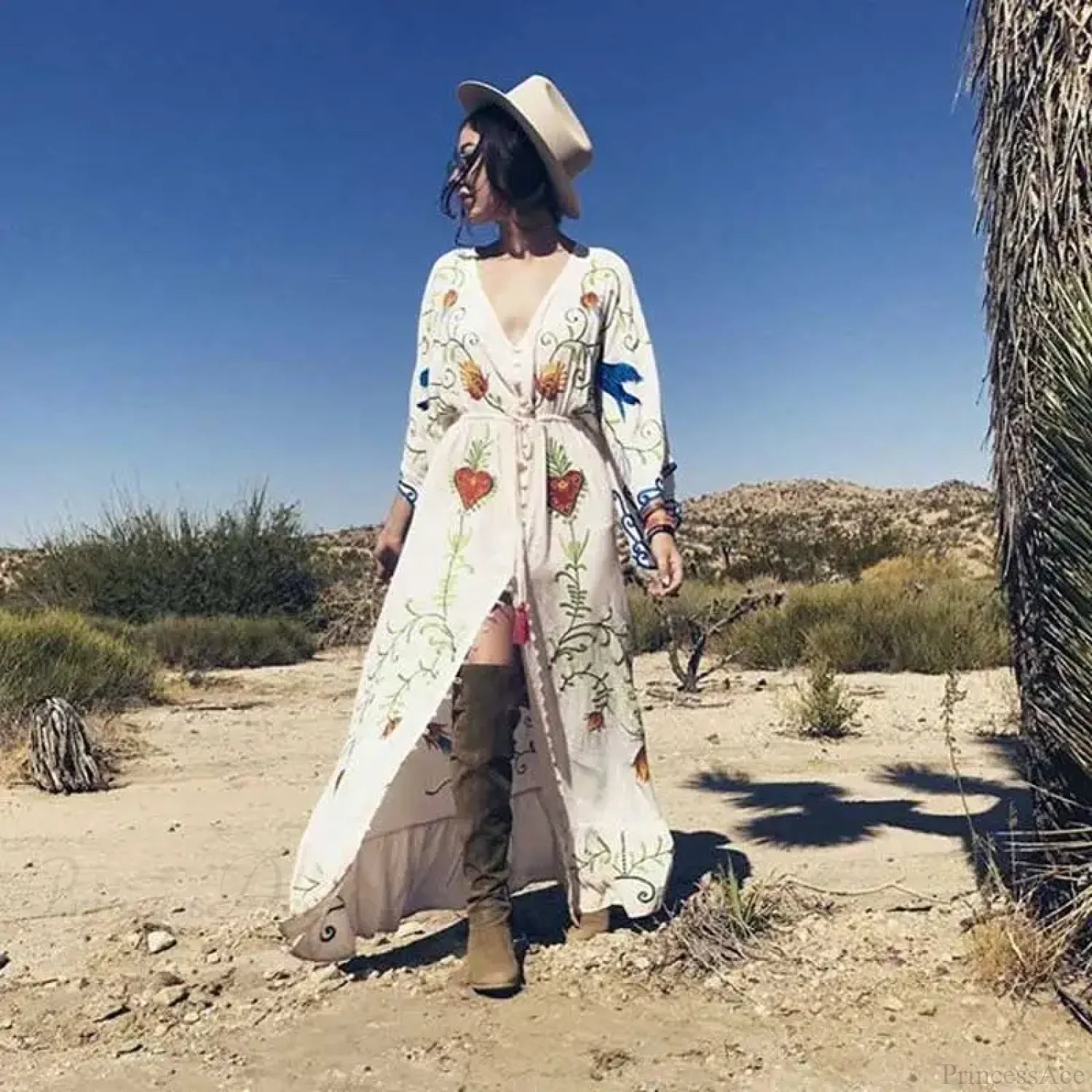 White Maxi Dress Cotton Floral Embroidery Sexy V-neck Beach Dress bohodress-250126