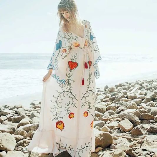 White Maxi Dress Cotton Floral Embroidery Sexy V-neck Beach Dress bohodress-250126
