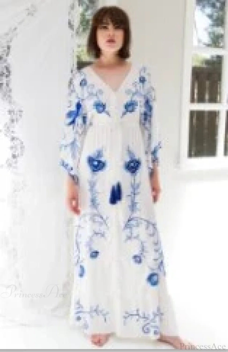 White Maxi Dress Cotton Floral Embroidery Sexy V-neck Beach Dress WHITE / S bohodress-250126