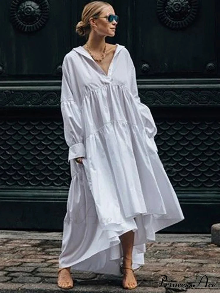 White Maxi Shirt Dress With Asymmetric Split-Joint Lapel Collar Dresses
