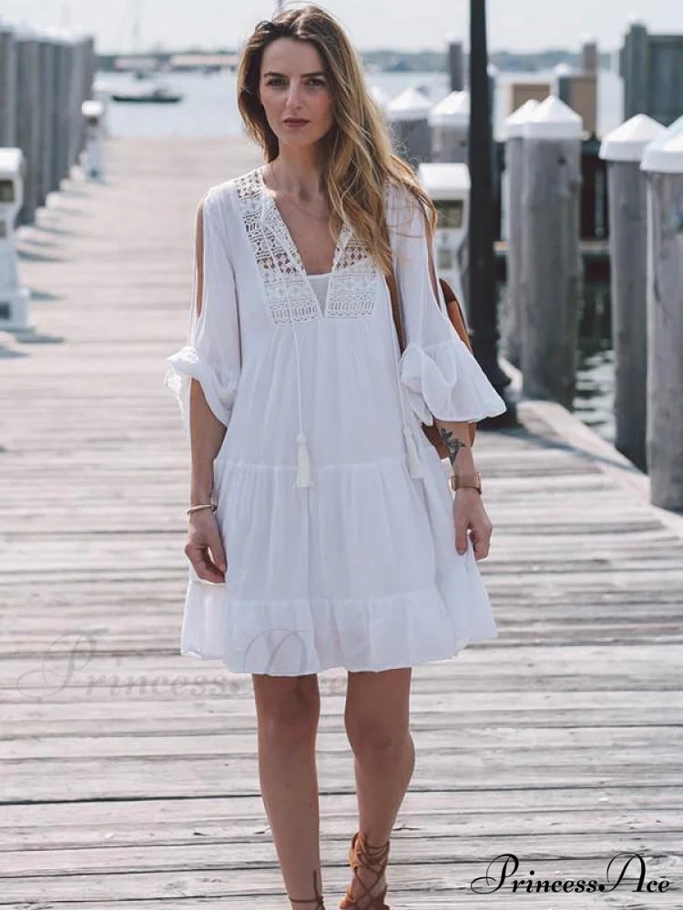White Mini Beach Dress With 3/4 Trumpet Lace Sleeves Dresses