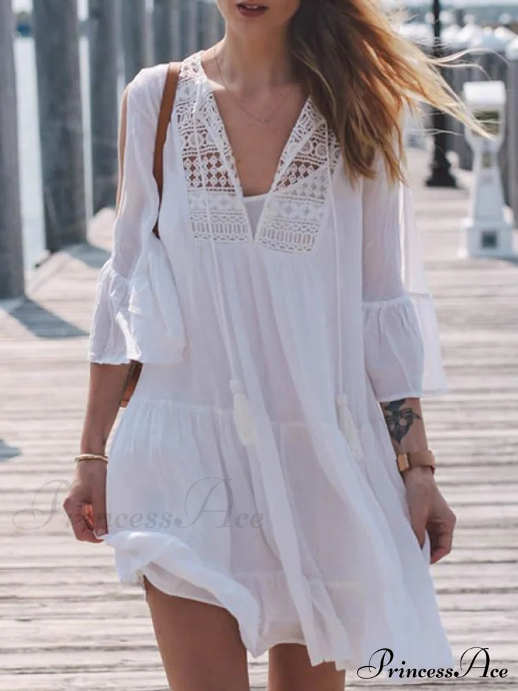 White Mini Beach Dress With 3/4 Trumpet Lace Sleeves Dresses