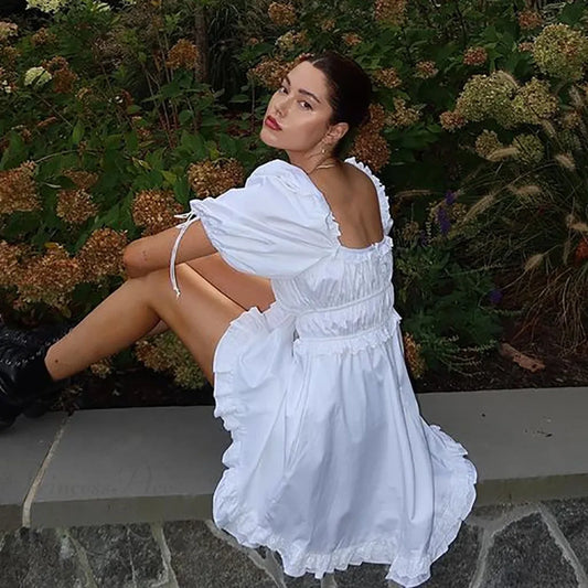 White Puff Sleeve Mini Dress WHITE / S minidress-250223