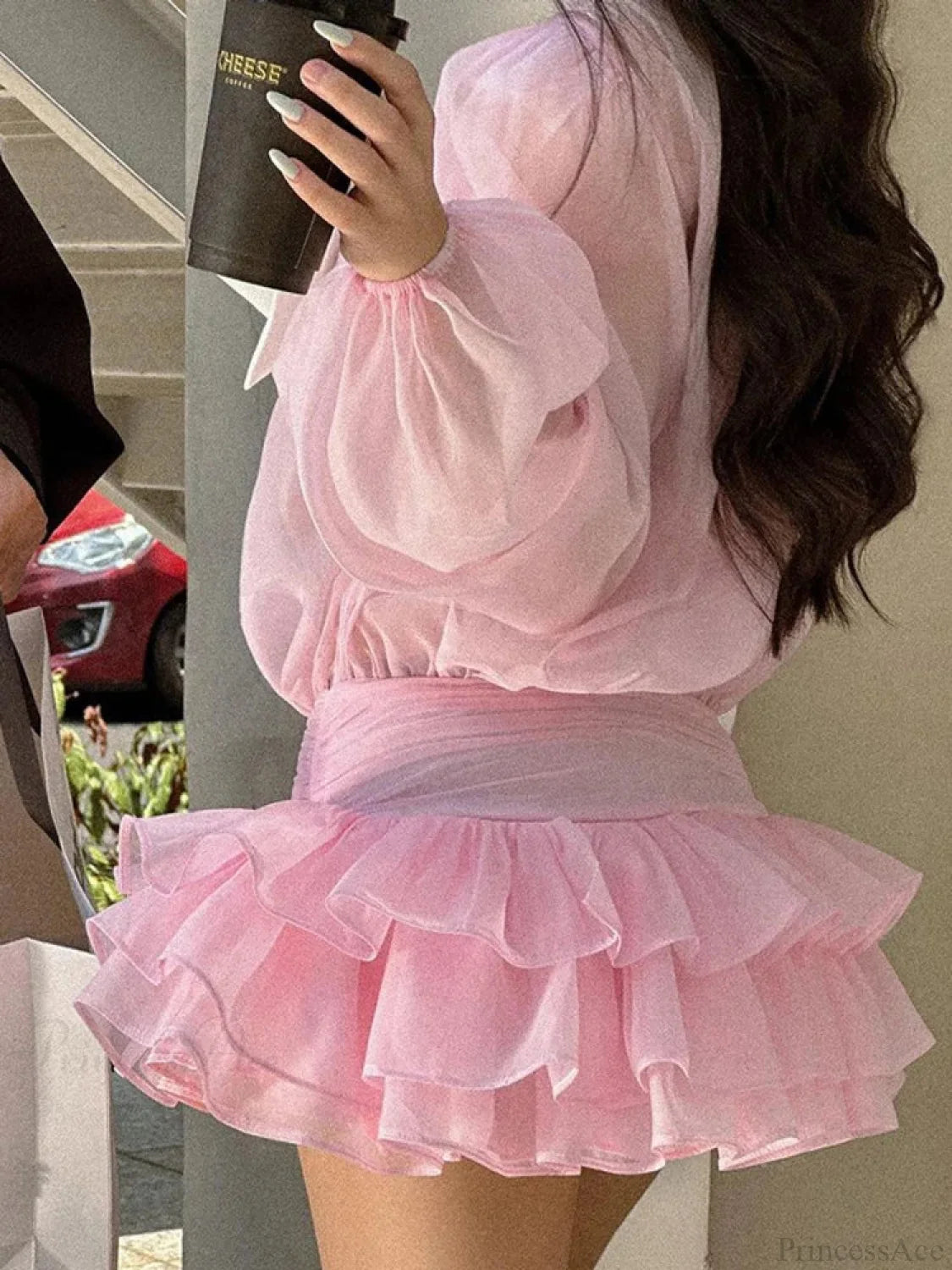 White Ruffled Mini Dress Pink / S minidress-250223